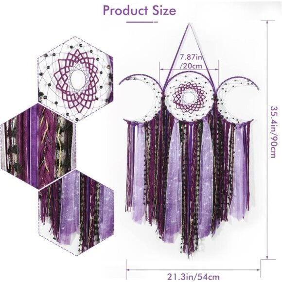 Purple Triple Moon Goddess Macrame Wall Hanging, Boho Crescent Dream Catcher - Picture 3 of 8